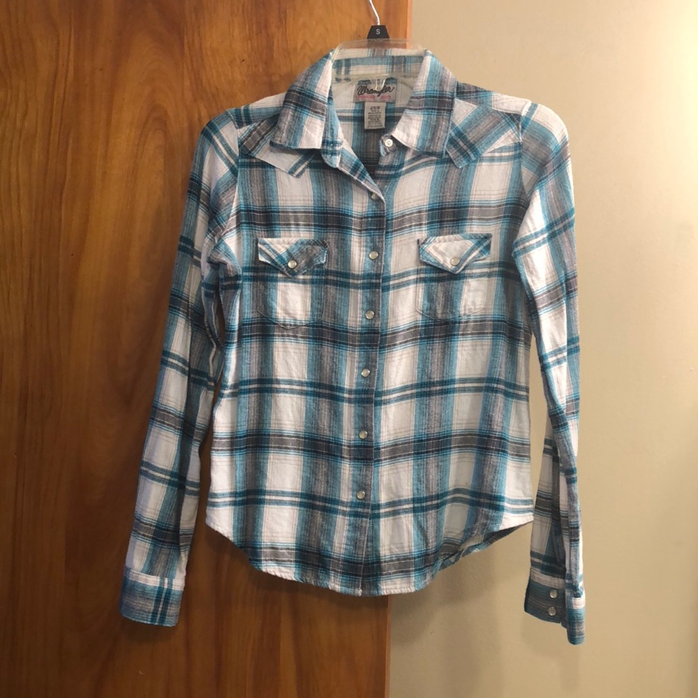 Long sleeve flannel. Blue, white, and grey.
